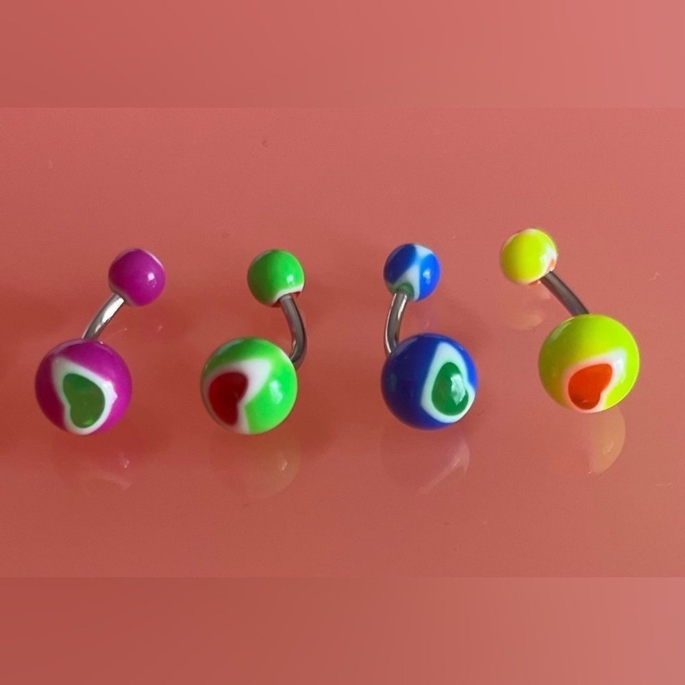 Set of 4 Heart Belly Button Rings - Green, Yellow, Blue, and Purple 💖✨🌈